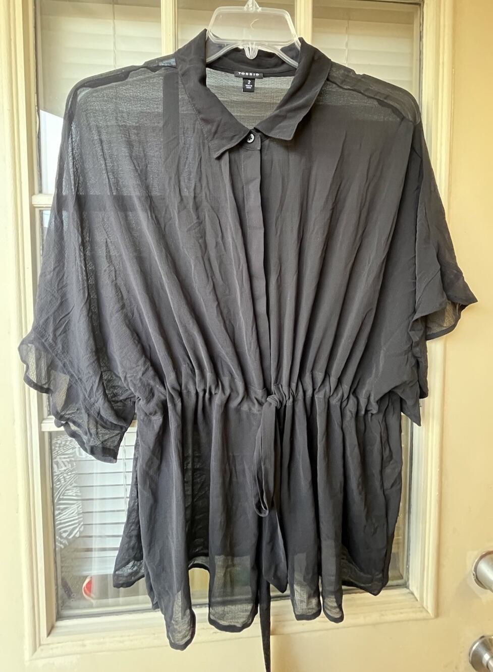 Torrid Size 2 Black Tops Sheer Womens Drawstring Tunic Flutter Sleeve